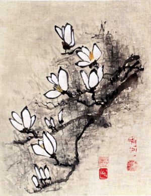 Ina Loreta Savickienė „Žydinčios magnolijos” 2017 m. Matmenys 36 X 45 cm. Atlikimo technika:  Tušas ir mineraliniai dažai ant ryžių popieriaus, klijuota ant putų kartono. Kaina 486 Eur.